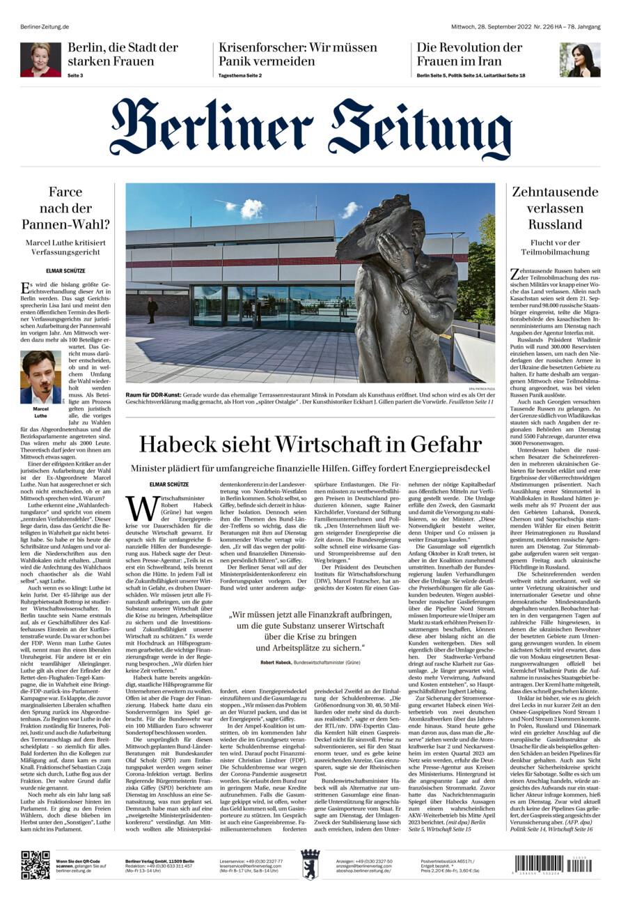 Berliner Zeitung vom Mittwoch, 28.09.2022