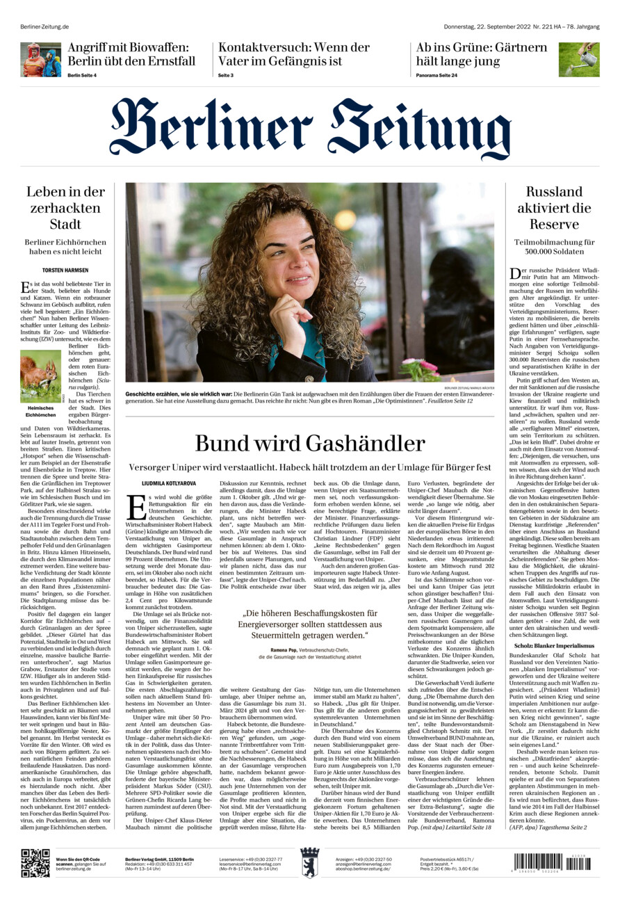 Berliner Zeitung vom Donnerstag, 22.09.2022