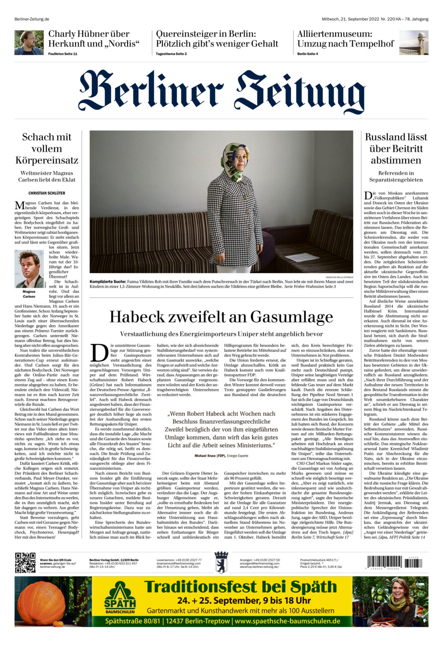 Berliner Zeitung vom Mittwoch, 21.09.2022