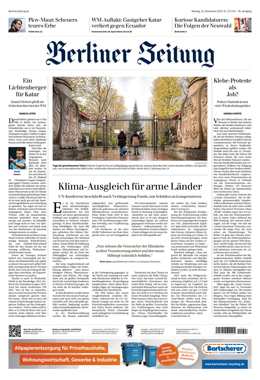 Berliner Zeitung vom Montag, 21.11.2022
