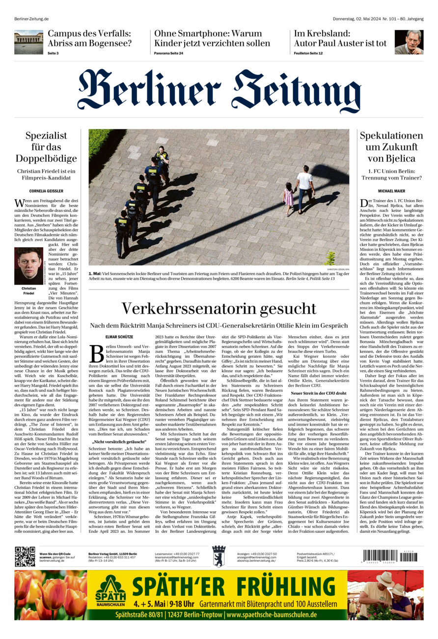 Berliner Zeitung vom Donnerstag, 02.05.2024