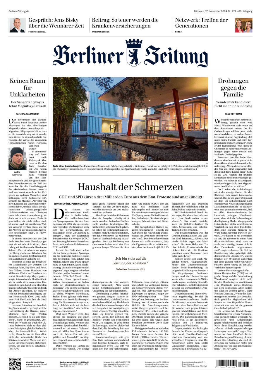 Berliner Zeitung vom Mittwoch, 20.11.2024